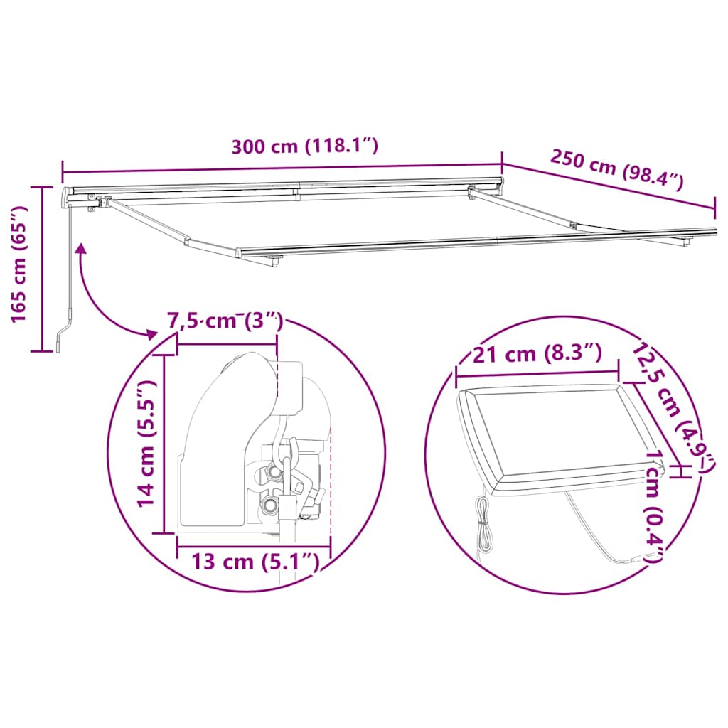 Awning Frame with LED Strip Lights White 300 x 250 cm Aluminium