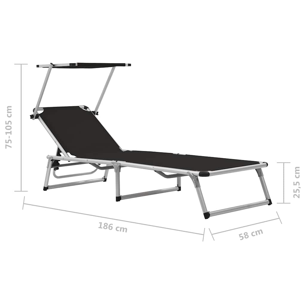 312458 vidaXL Folding Sun Loungers with Roof 2 pcs Aluminium&Textilene Black