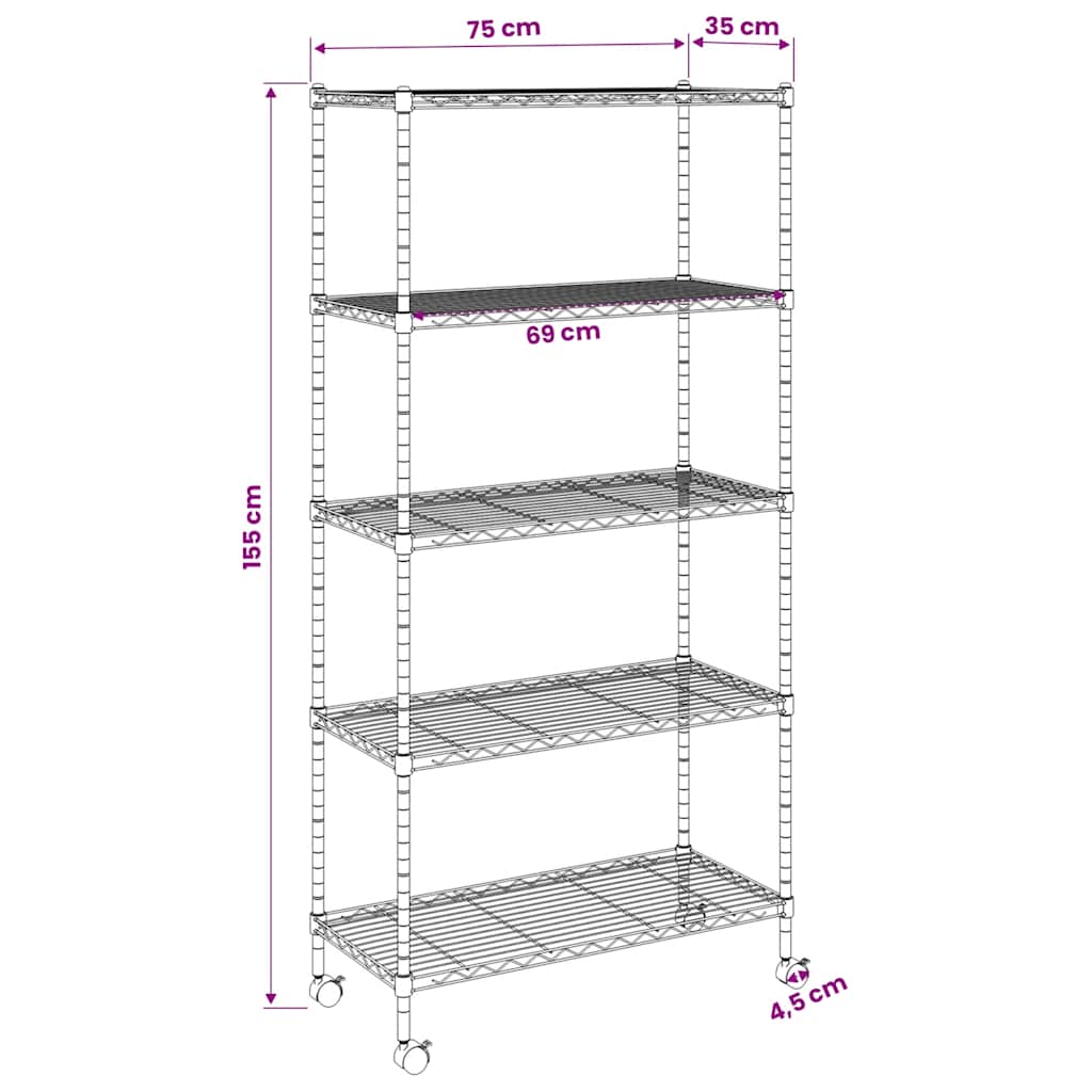 5-Tier Storage Shelf with Wheels 75x35x155 cm Black 250 kg