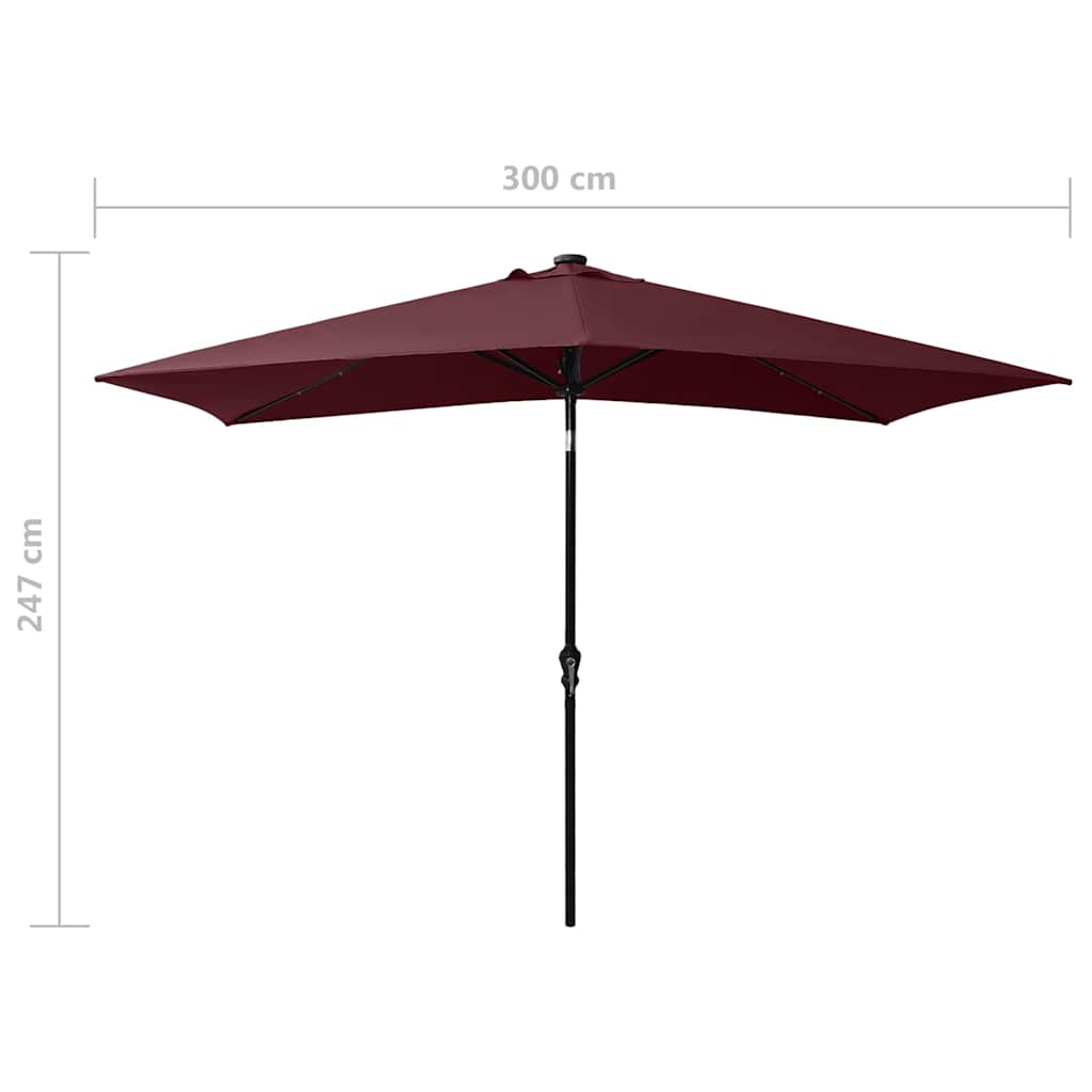 313790 vidaXL Garden Parasol with LEDs and Steel Pole Bordeaux Red 2x3 m