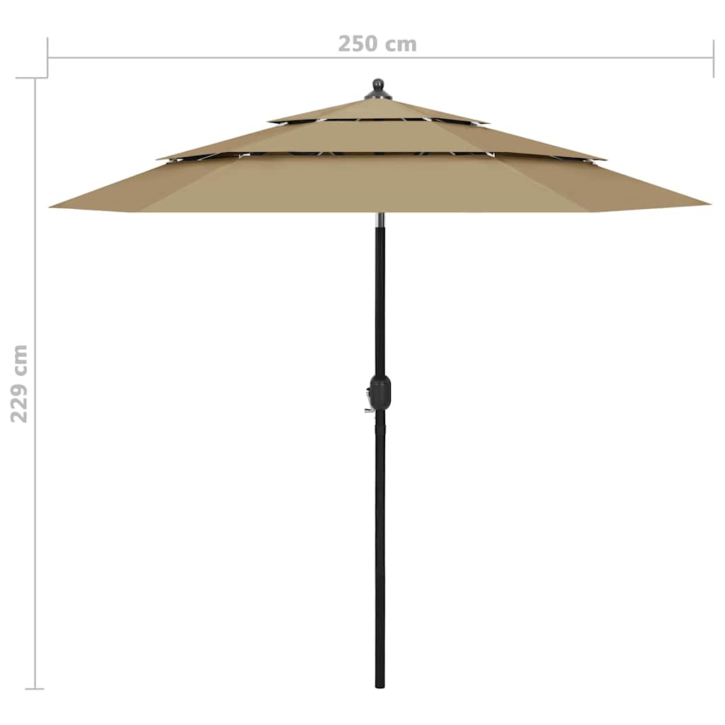 313863 vidaXL 3-Tier Garden Parasol with Aluminium Pole Taupe 2,5 m