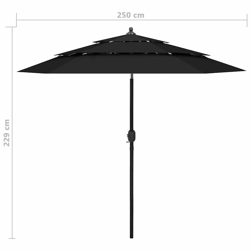 313866 vidaXL 3-Tier Garden Parasol with Aluminium Pole Black 2,5 m