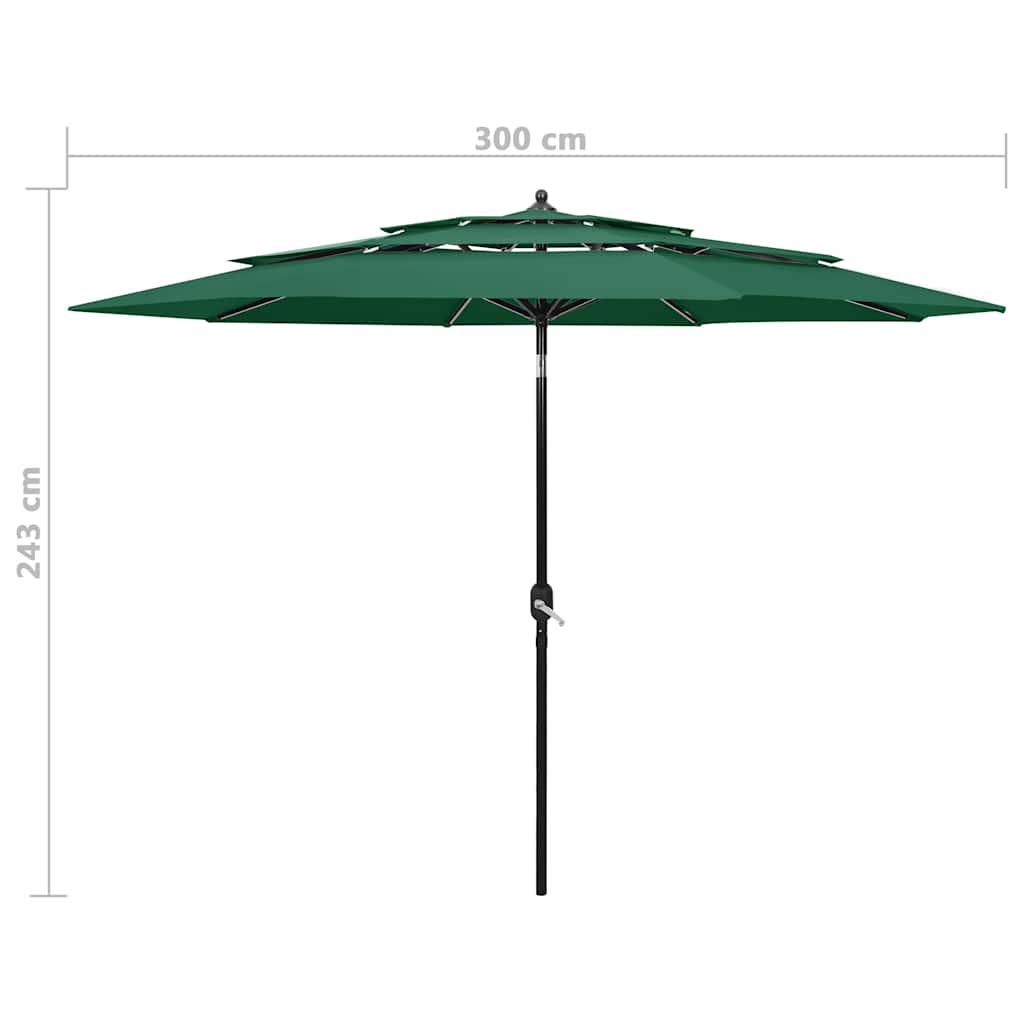 313869 vidaXL 3-Tier Garden Parasol with Aluminium Pole Green 3 m