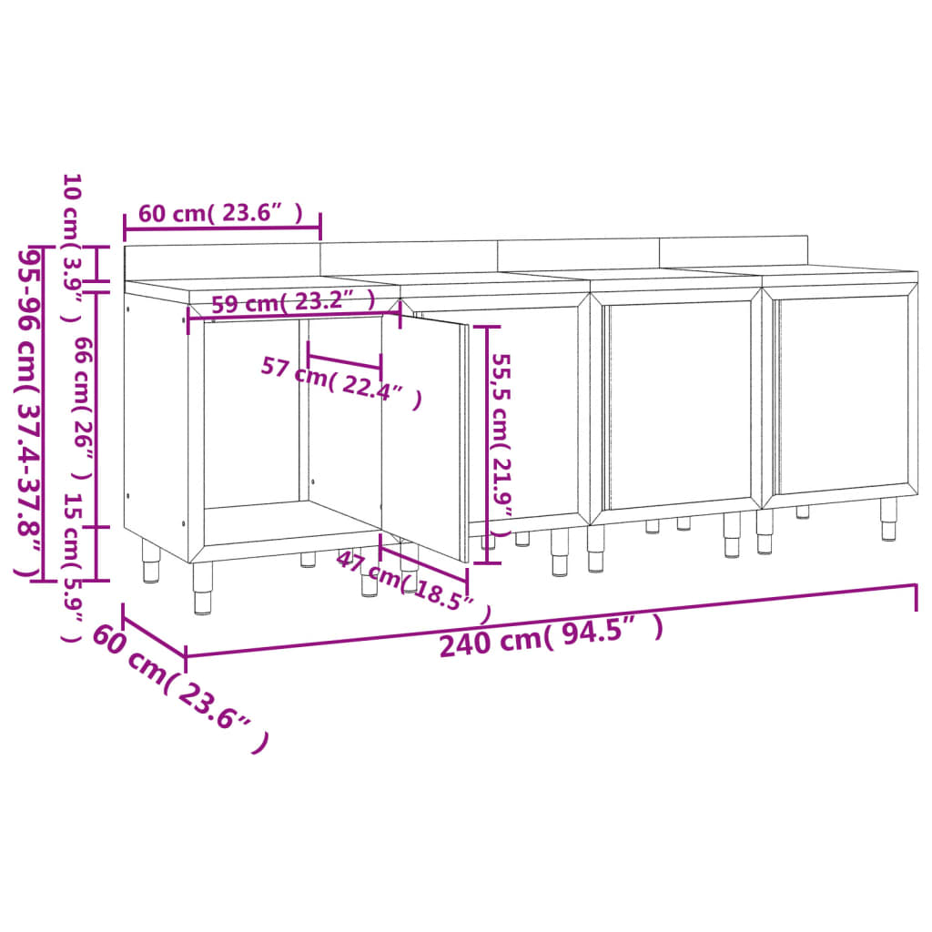 Commercial Work Table Cabinet 240x60x96 cm Stainless Steel