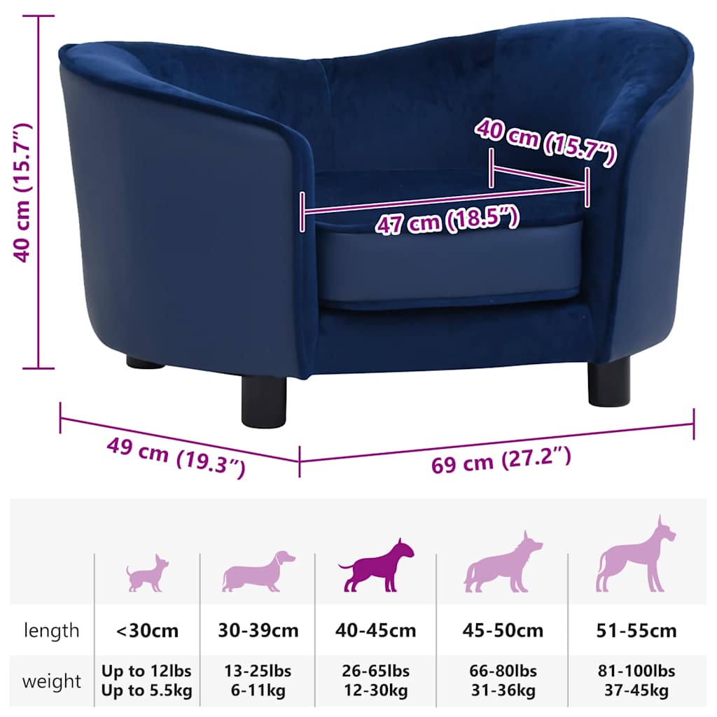 vidaXL Dog Sofa Blue 69x49x40 cm Plush and Faux Leather