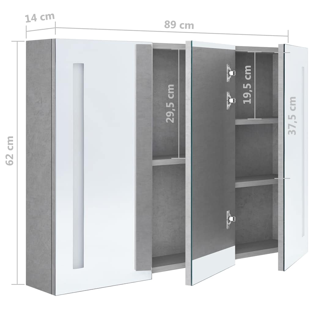 326525 vidaXL LED Bathroom Mirror Cabinet Concrete Grey 89x14x62 cm