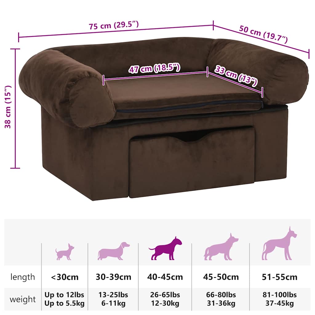 171077 vidaXL Dog Sofa with Drawer Brown 75x50x38 cm Plush