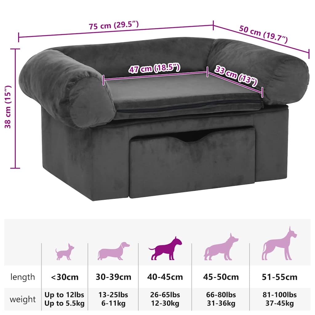 171079 vidaXL Dog Sofa with Drawer Dark Grey 75x50x38 cm Plush