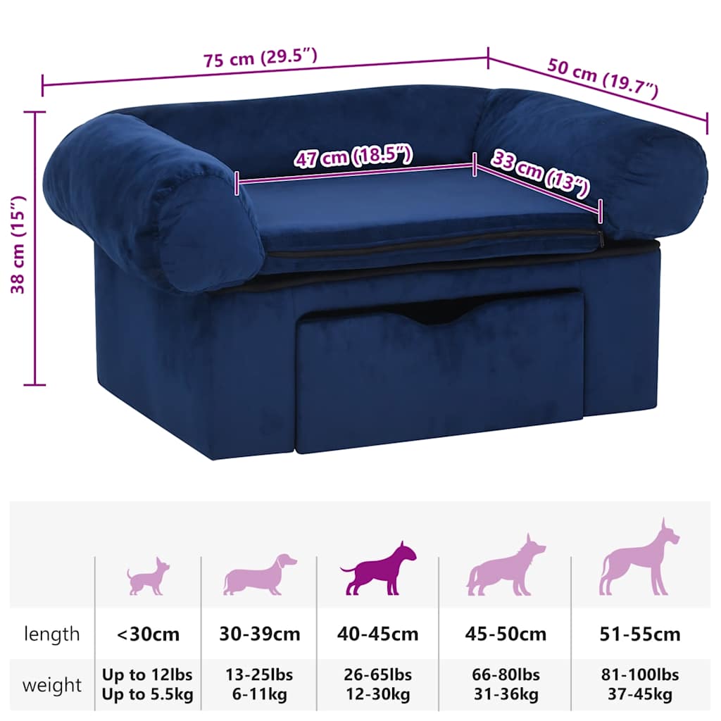 vidaXL Dog Sofa with Drawer Blue 75x50x38 cm Plush