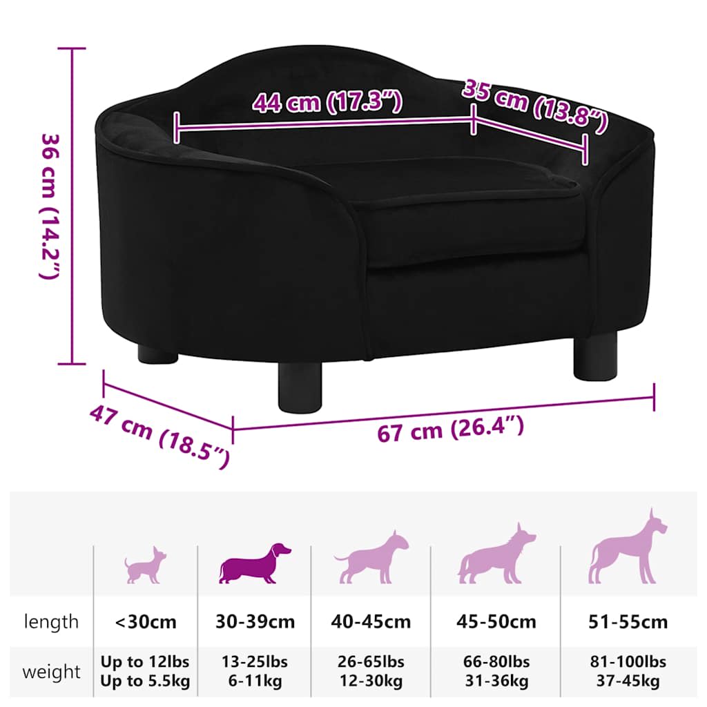 Dog Sofa | Black | Plush | 67 x 47 x 36 cm | Dog Sofa | Rectangular