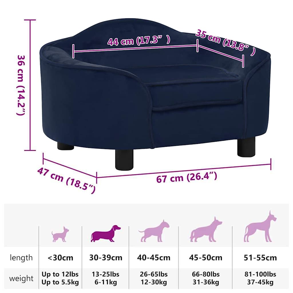 Dog Sofa | Blue | Plush, Solid Pine Wood | 67 x 47 x 36 cm | Dog Sofa