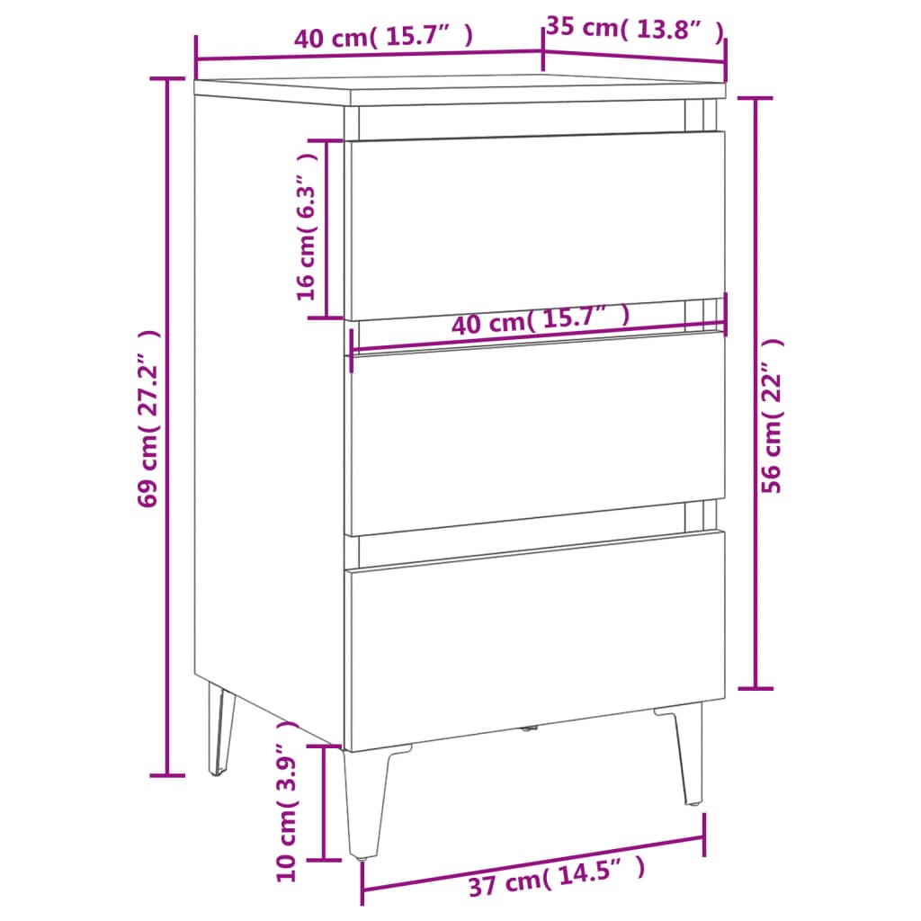 805905 vidaXL Bed Cabinet with Metal Legs White 40x35x69 cm