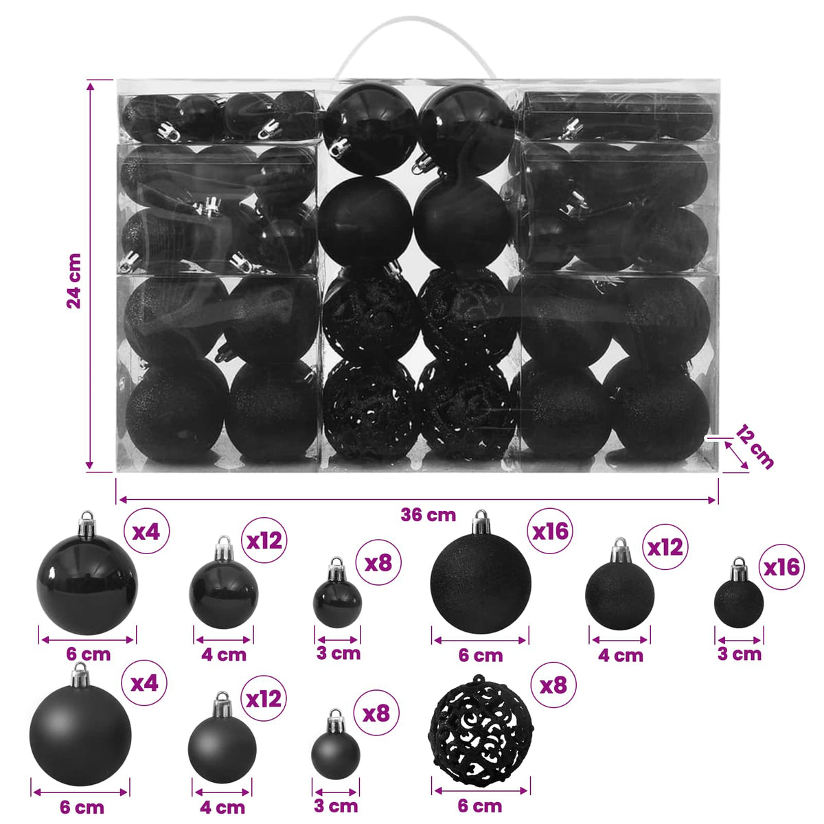 330083 vidaXL 100 Piece Christmas Ball Set Black
