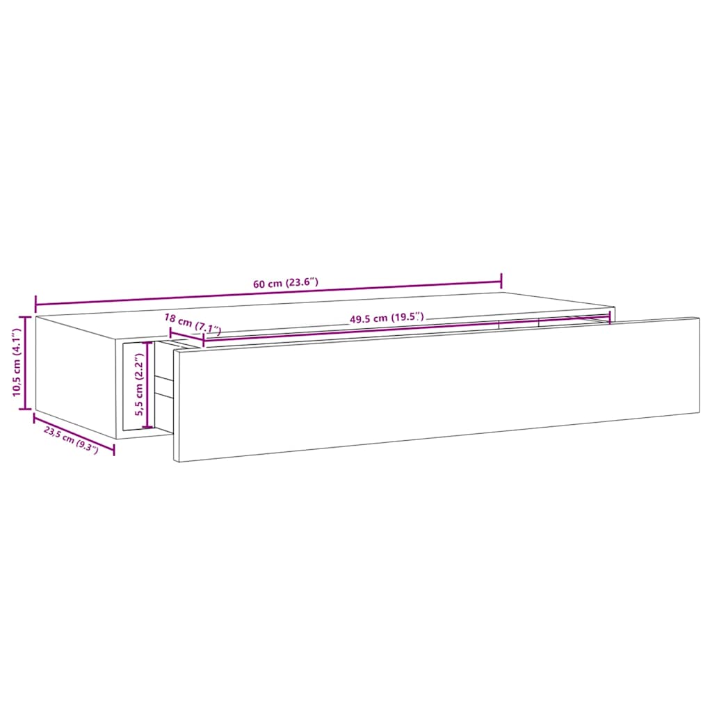 Wall-mounted Drawer Shelf Concrete Grey 60x23.5x10cm MDF
