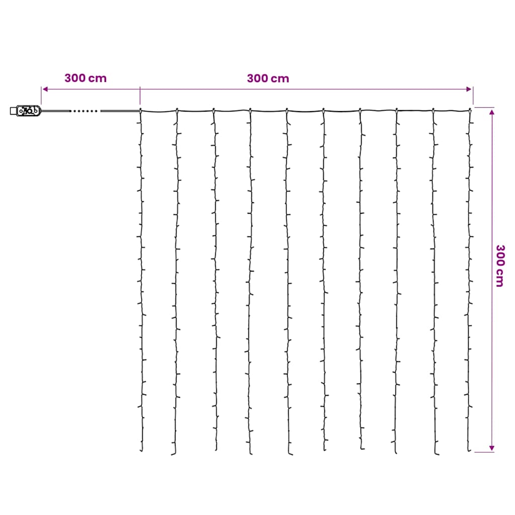 328928 vidaXL LED Curtain Fairy Lights 3x3m 300 LED Cold White 8 Function