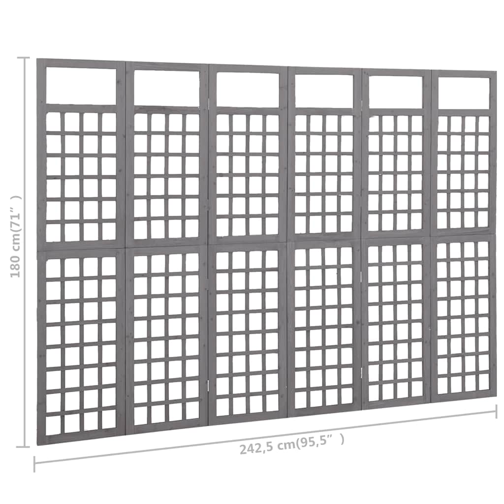 316489 vidaXL 6-Panel Room Divider/Trellis Solid Fir Wood Grey 242,5x180 cm