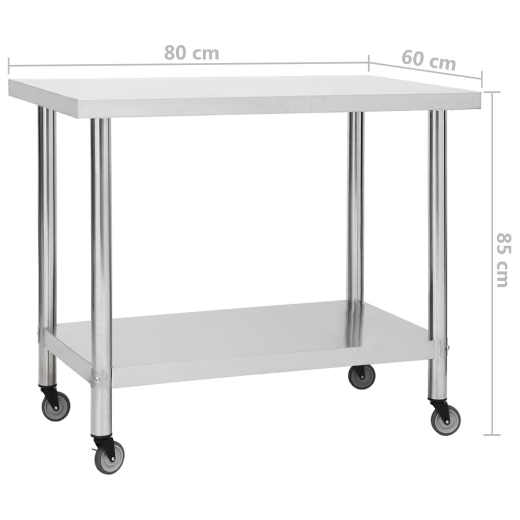 vidaXL Kitchen Work Table with Wheels 80x60x85 cm Stainless Steel