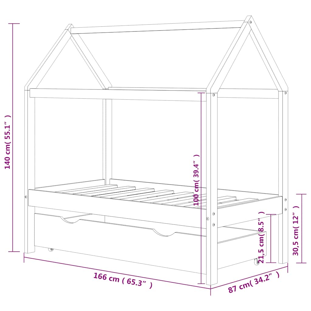 322137 vidaXL Kids Bed Frame with a Drawer Solid Pine Wood 80x160 cm