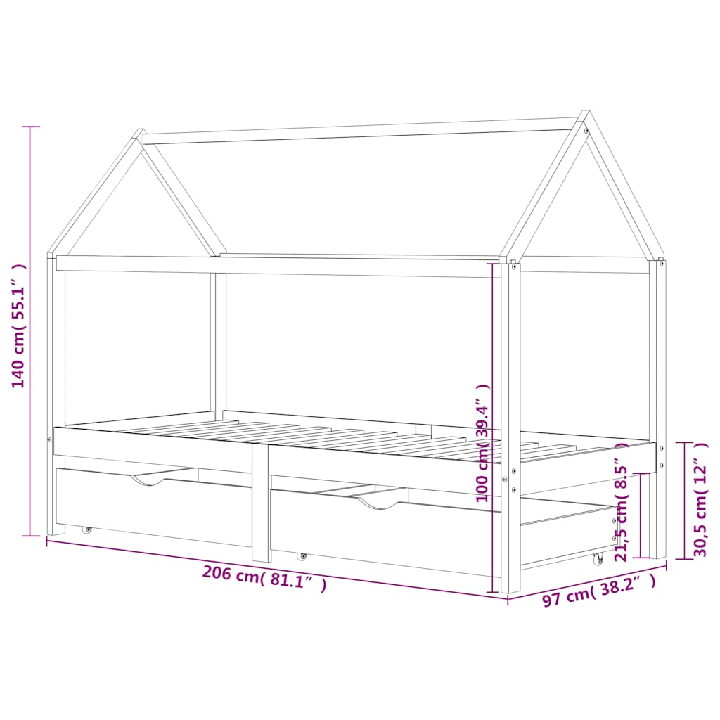 322138 vidaXL Kids Bed Frame with Drawers Solid Pine Wood 90x200 cm