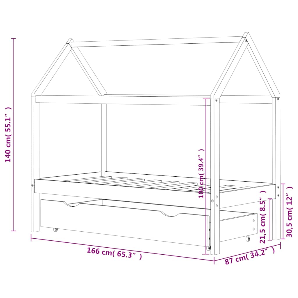 322140 vidaXL Kids Bed Frame with a Drawer White Solid Pine Wood 80x160 cm
