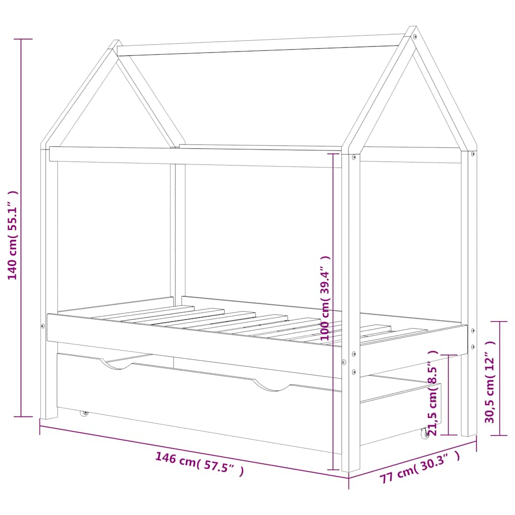 322142 vidaXL Kids Bed Frame with a Drawer Dark Grey Solid Pine Wood 70x140cm