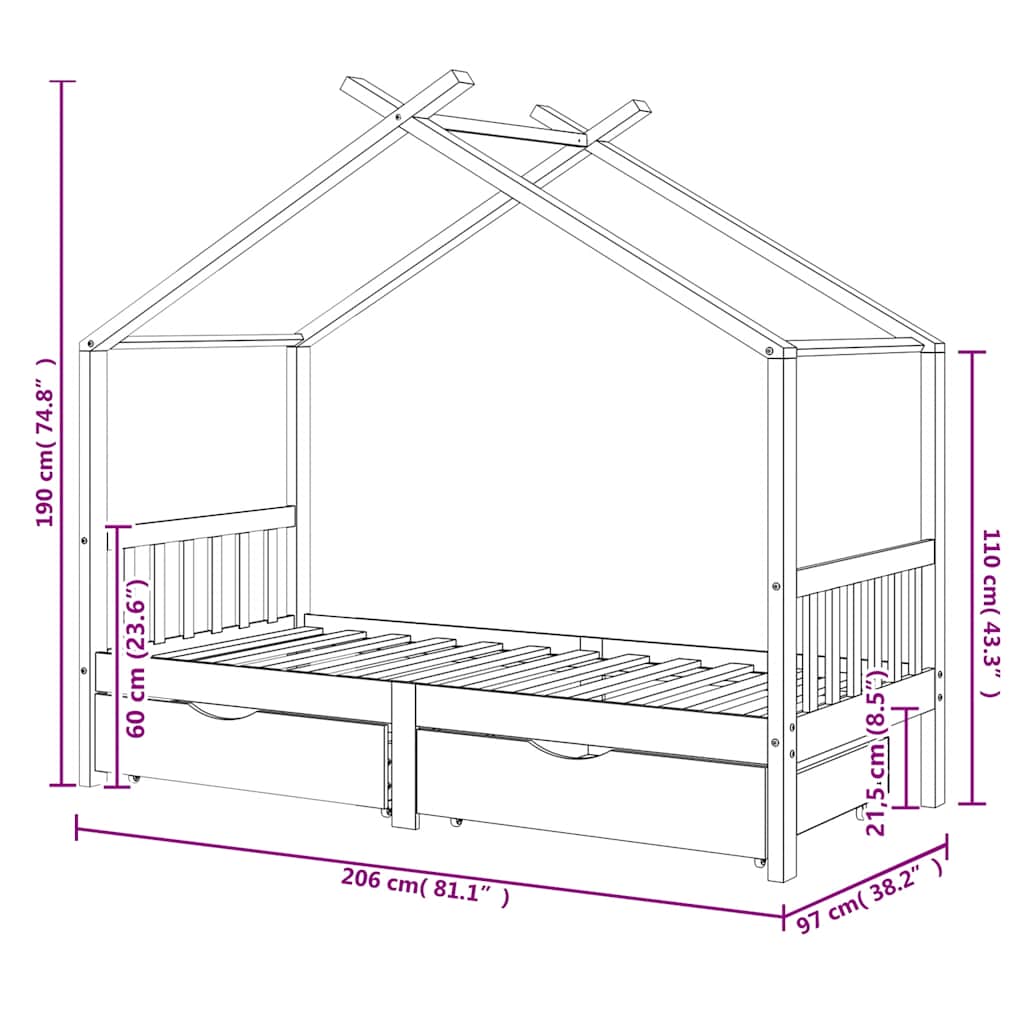 Kids Bed Frame with Drawers Dark Grey Solid Pine Wood 90x200cm
