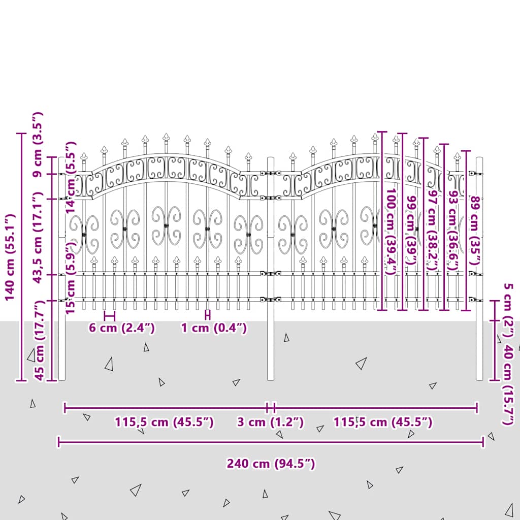 Garden Fence with Spear Top Black 240x100 cm Powder-coated Steel