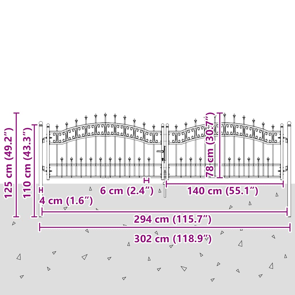 Fence Gate KAMPEN with Spear Top Black 302x78 cm Steel