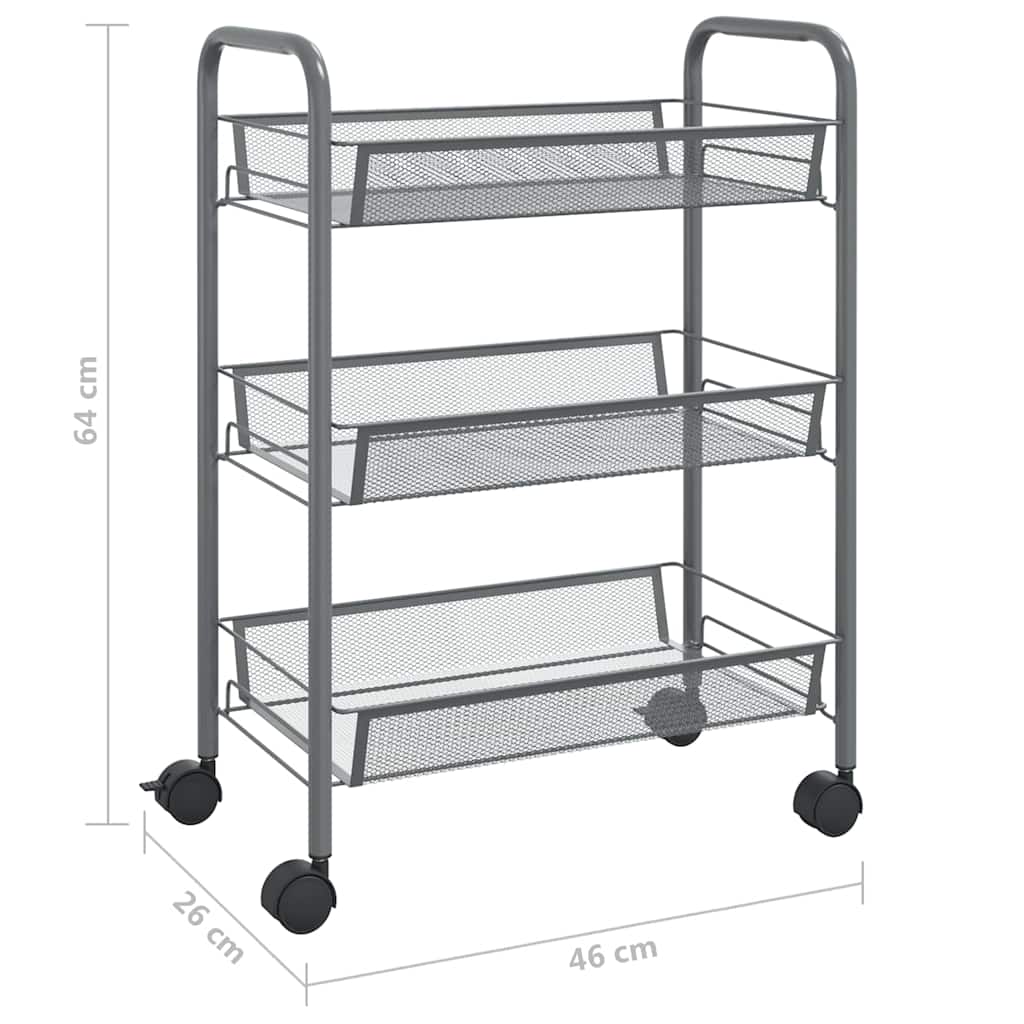 336324 vidaXL 3-Tier Kitchen Trolley Grey 46x26x64 cm Iron