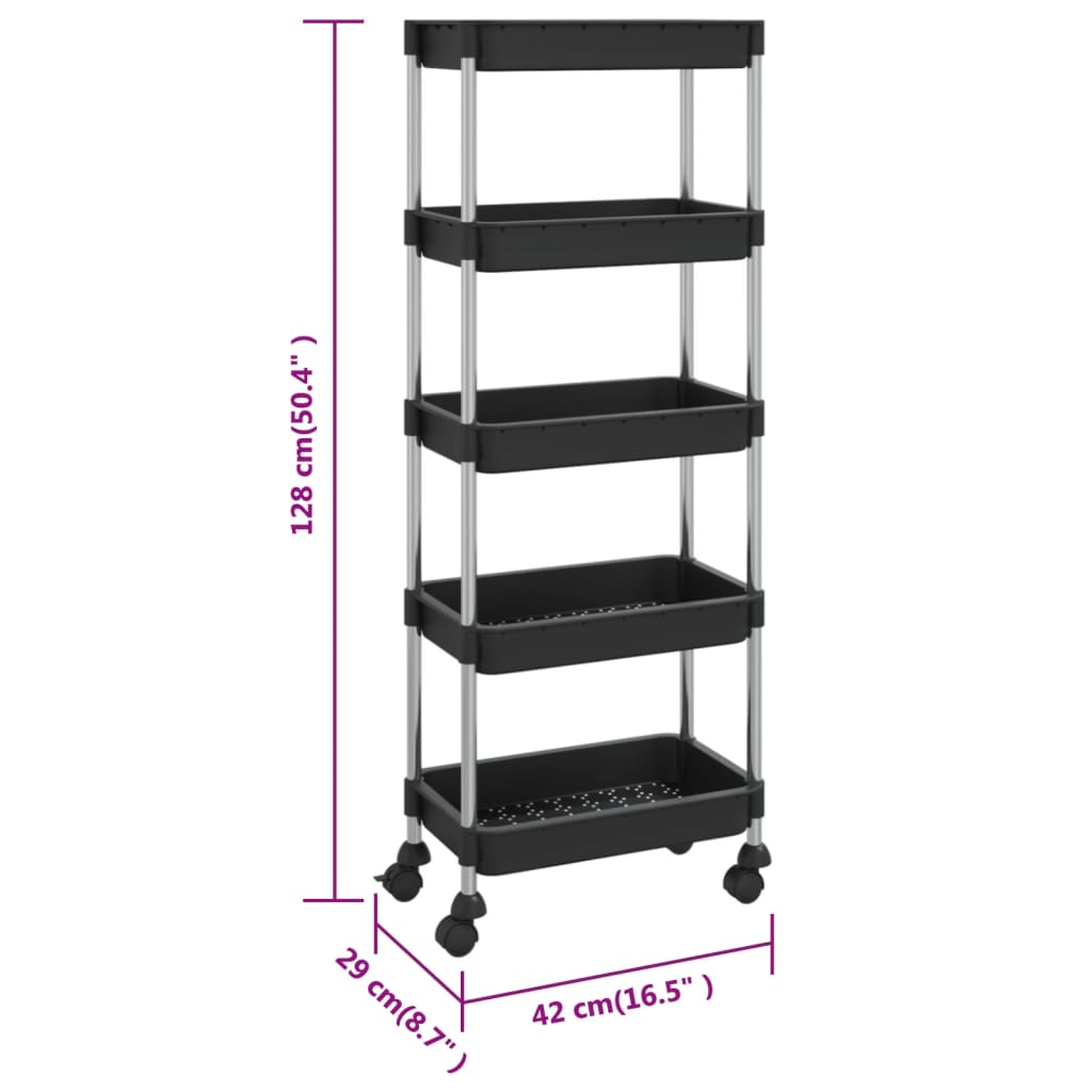 336331 vidaXL 5-Tier Kitchen Trolley Black 42x29x128 cm Iron and ABS