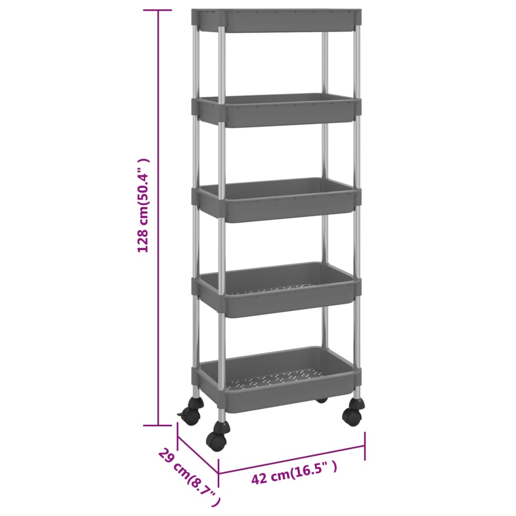 336333 vidaXL 5-Tier Kitchen Trolley Grey 42x29x128 cm Iron and ABS