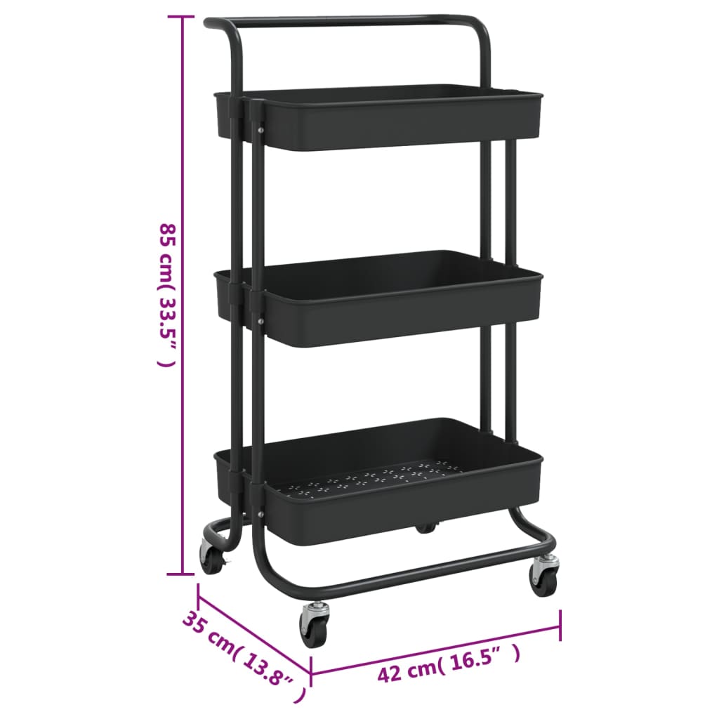 336335 vidaXL 3-Tier Kitchen Trolley Black 42x35x85 cm Iron and ABS