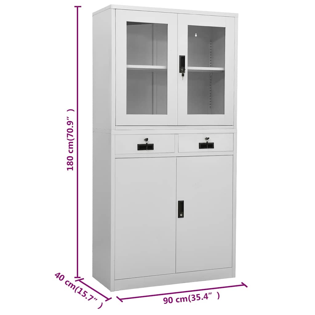 Office Cabinet Light Grey 90x40x180 cm Steel and Tempered Glass