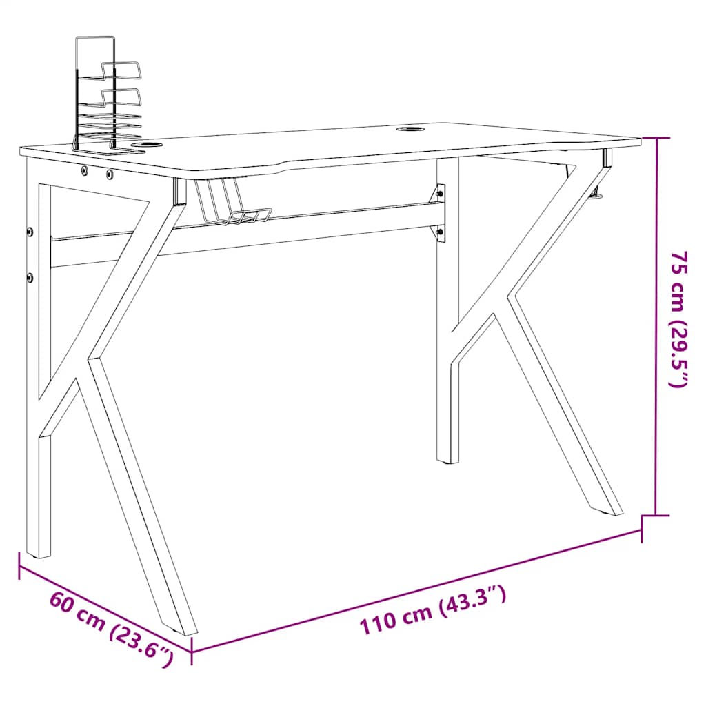 325402 vidaXL Gaming Desk with K Shape Legs Black 110x60x75 cm