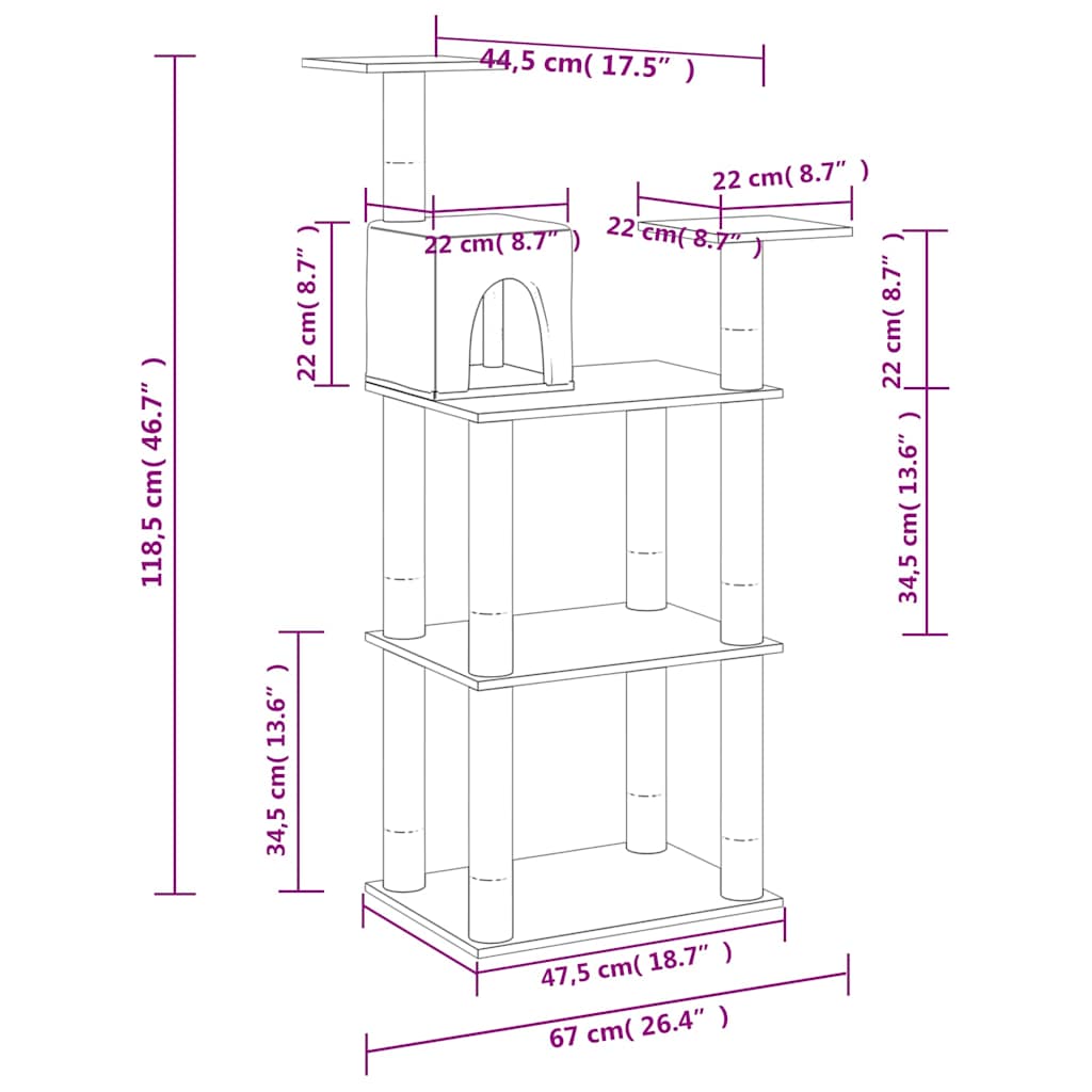 171427 vidaXL Cat Tree with Sisal Scratching Posts Cream 118,5 cm
