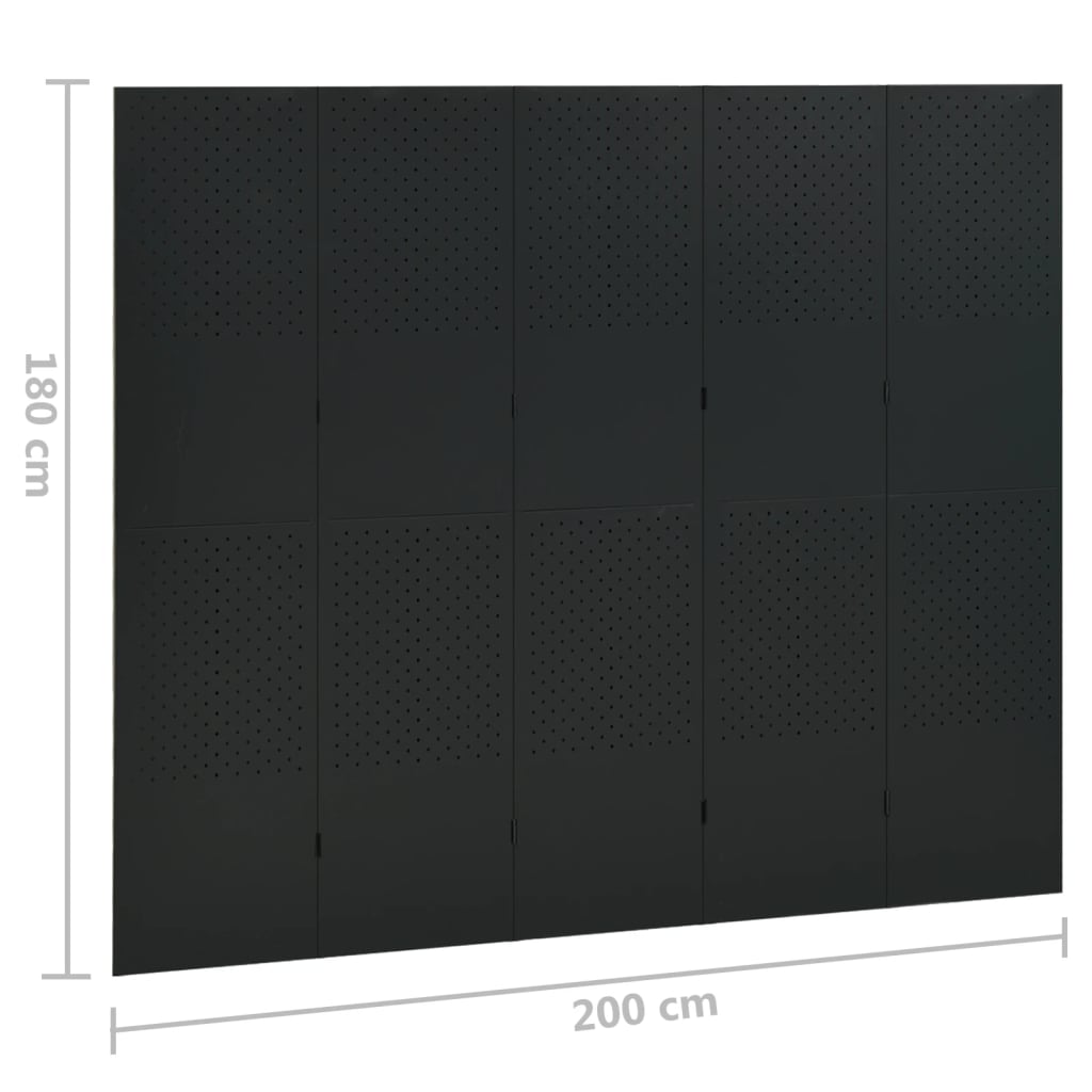 335901 vidaXL 5-Panel Room Divider Black 200x180 cm Steel