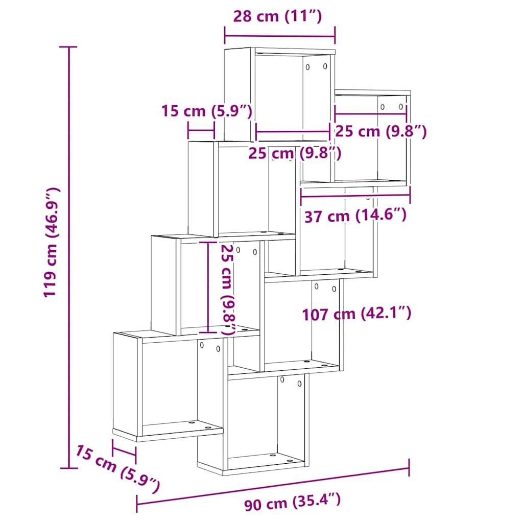 807182 vidaXL Wall Cube Shelf Concrete Grey 90x15x119 cm Engineered Wood