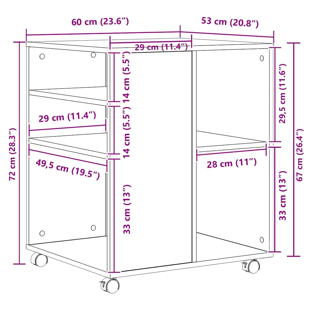 808458 vidaXL Rolling Cabinet White 60x53x72 cm Engineered Wood