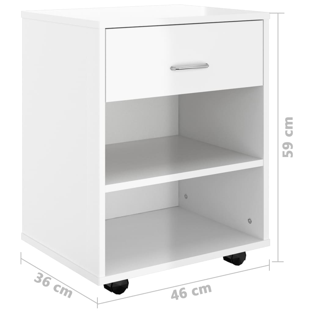 808473 vidaXL Rolling Cabinet High Gloss White 46x36x59 cm Engineered Wood