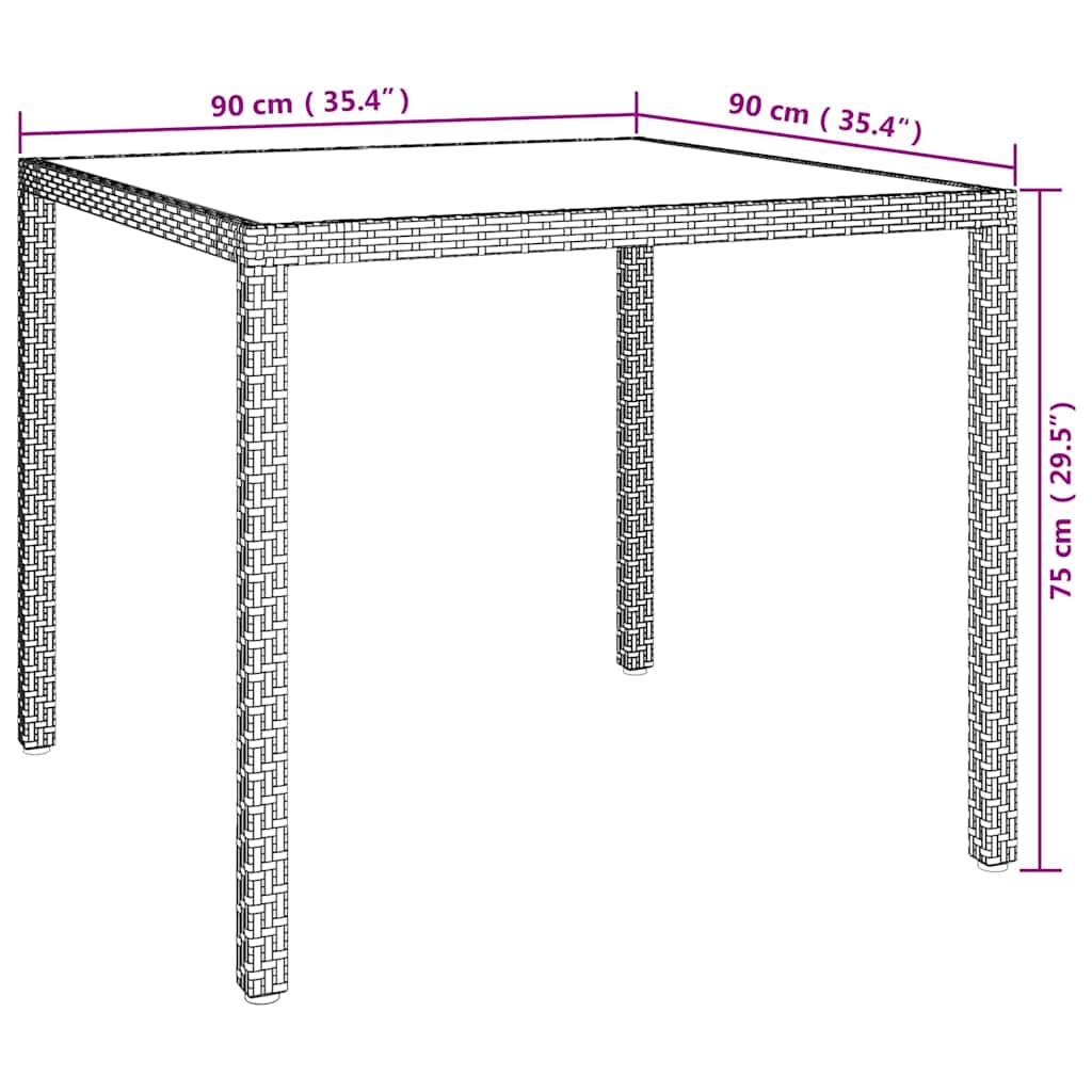 316703 vidaXL Garden Table 90x90x75 cm Tempered Glass and Poly Rattan Beige