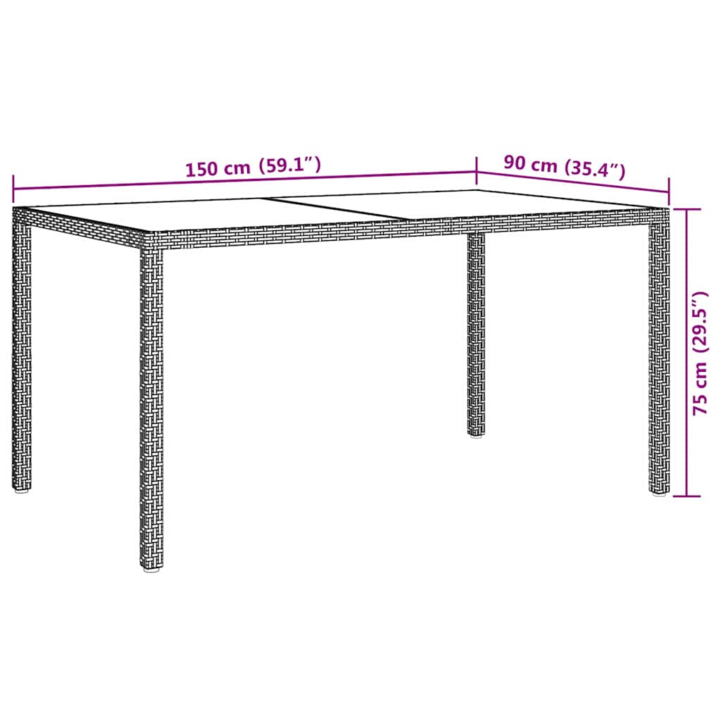 316704 vidaXL Garden Table 150x90x75 cm Tempered Glass and Poly Rattan Brown