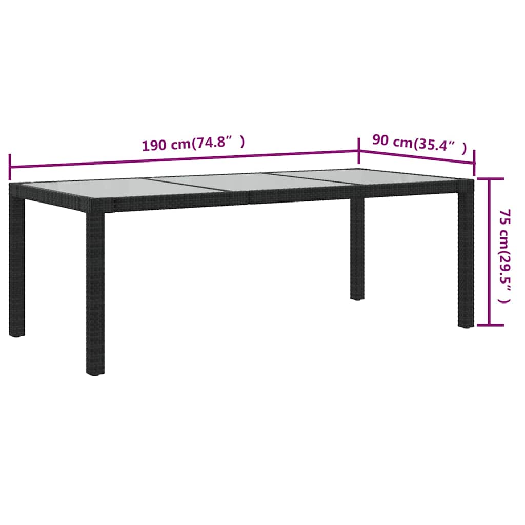 316712 vidaXL Garden Table Black 190x90x75 cm Tempered Glass and Poly Rattan