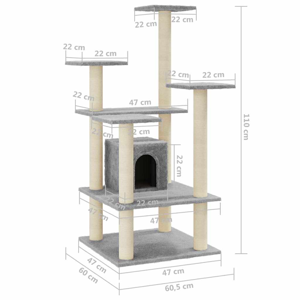 171480 vidaXL Cat Tree with Sisal Scratching Posts Light Grey 110 cm