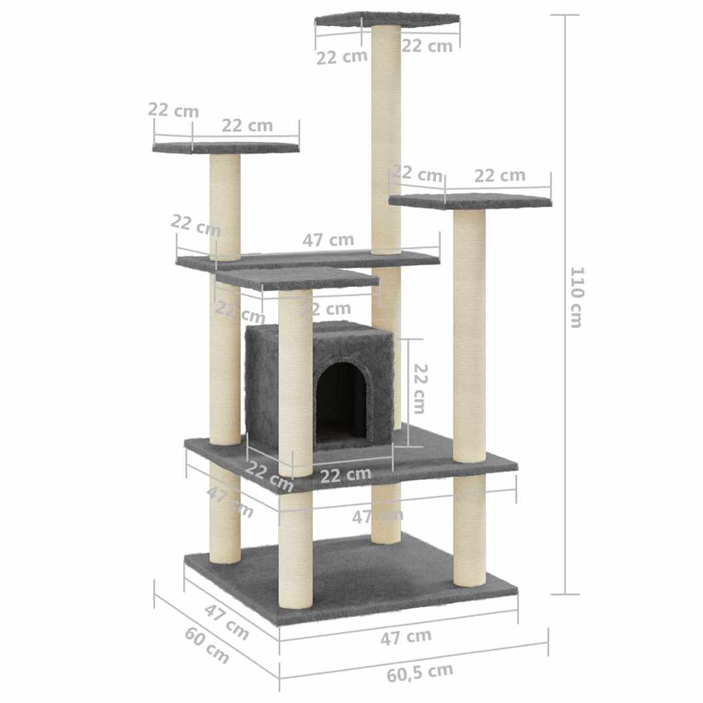 171481 vidaXL Cat Tree with Sisal Scratching Posts Dark Grey 110 cm