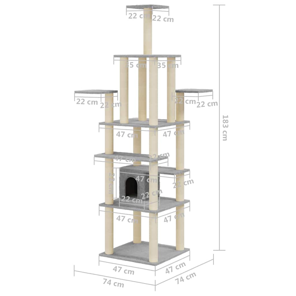 171483 vidaXL Cat Tree with Sisal Scratching Posts Light Grey 183 cm