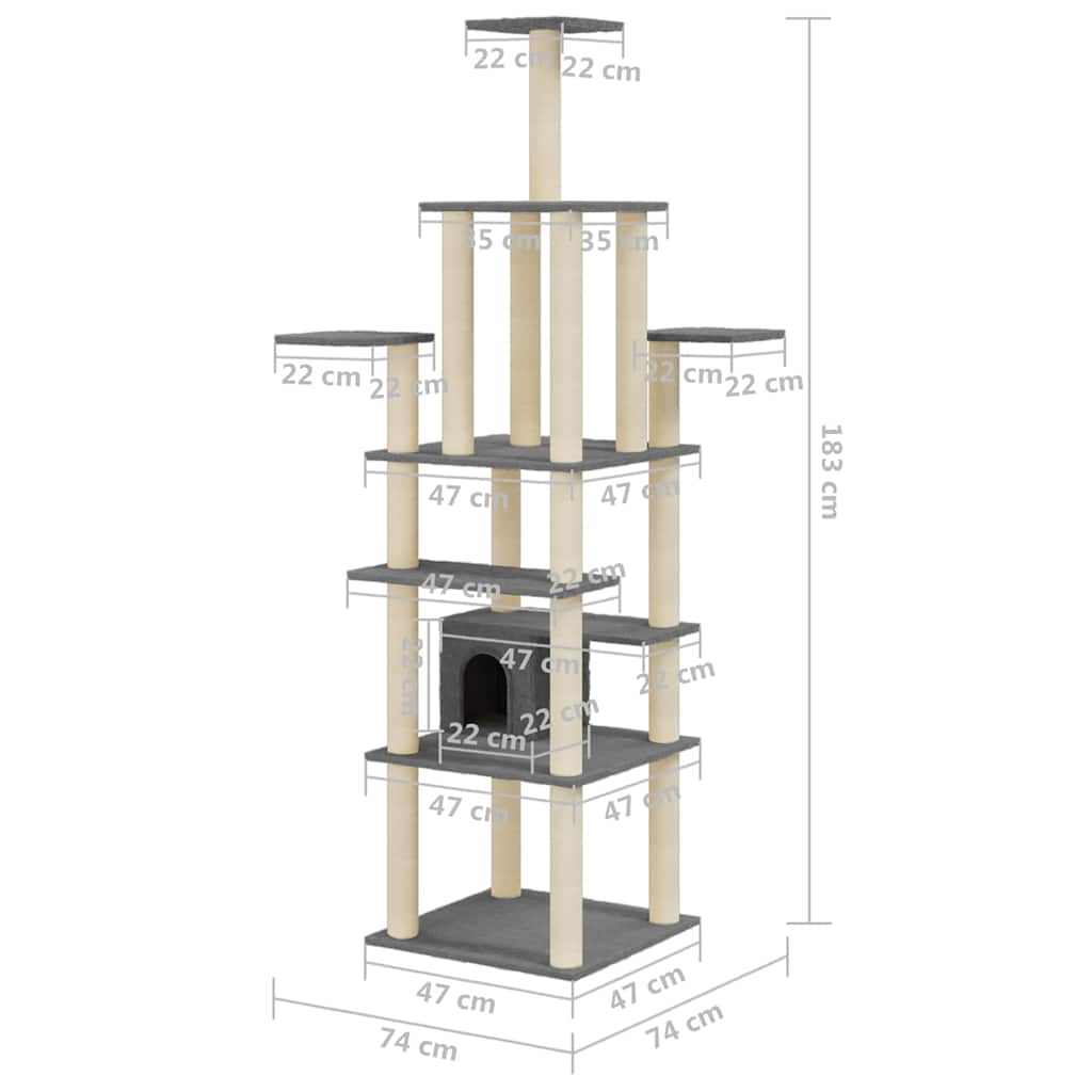 171484 vidaXL Cat Tree with Sisal Scratching Posts Dark Grey 183 cm