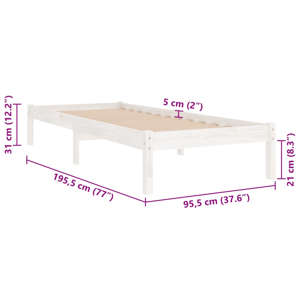 Bed Frame | White | Solid Pine Wood | 90x190 cm | Bed Frame | Rectangular