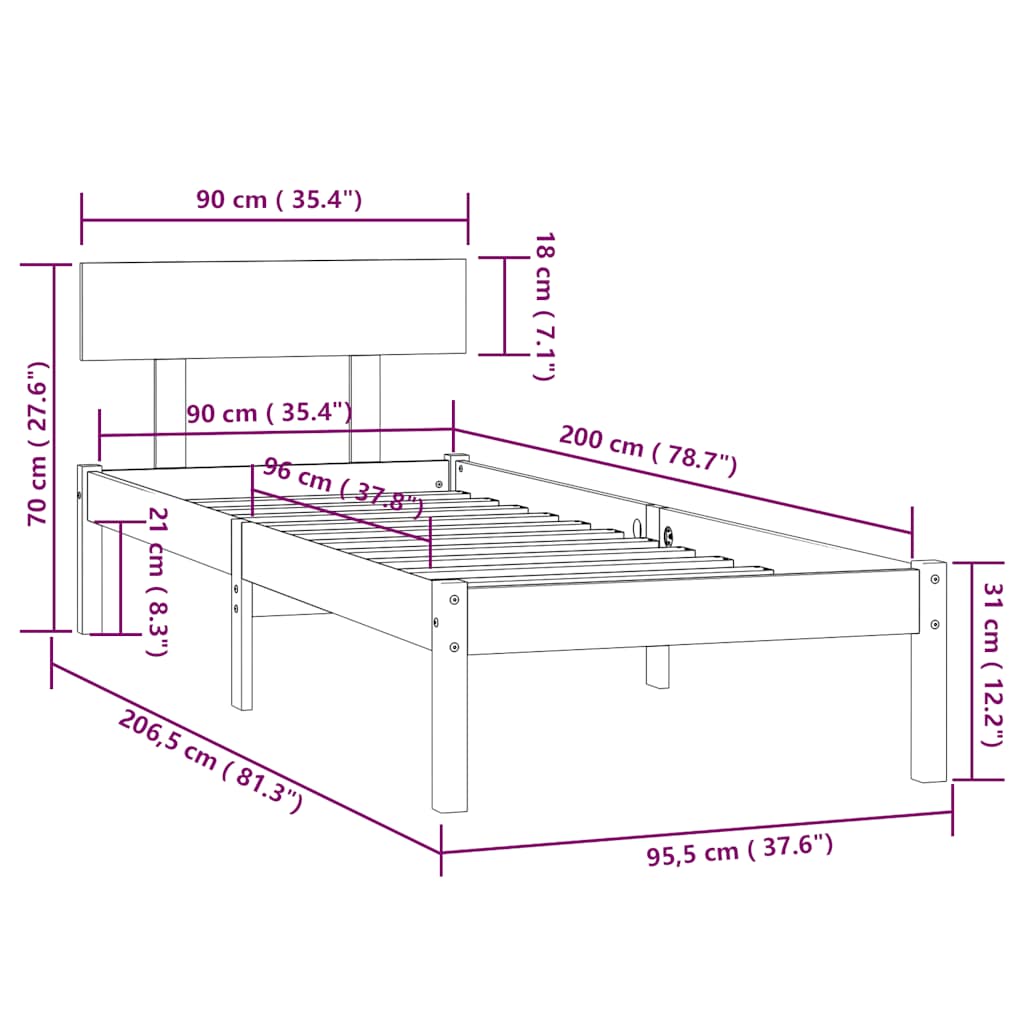 Bed Frame without Mattress Solid Wood 90x200 cm