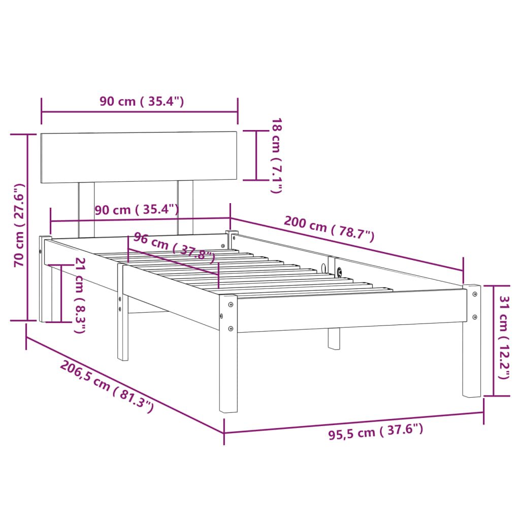 Bed Frame | Black | Solid pinewood | Single | Durable | Bed Frame