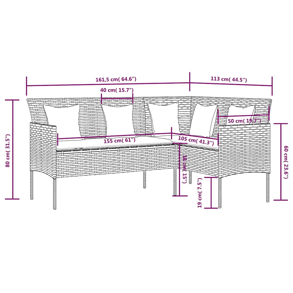 L-shaped Couch Sofa with Cushions Poly Rattan Grey